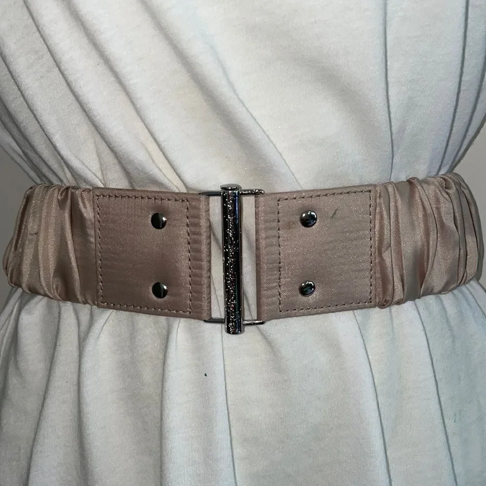 Tan satin wrapped ruched elastic belt‎